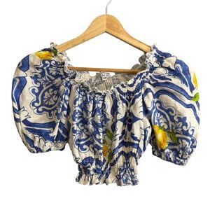 Idillio Positano Linen Crop Top XS Blue Lemon Majolica Puff Sleeve Euro Summer